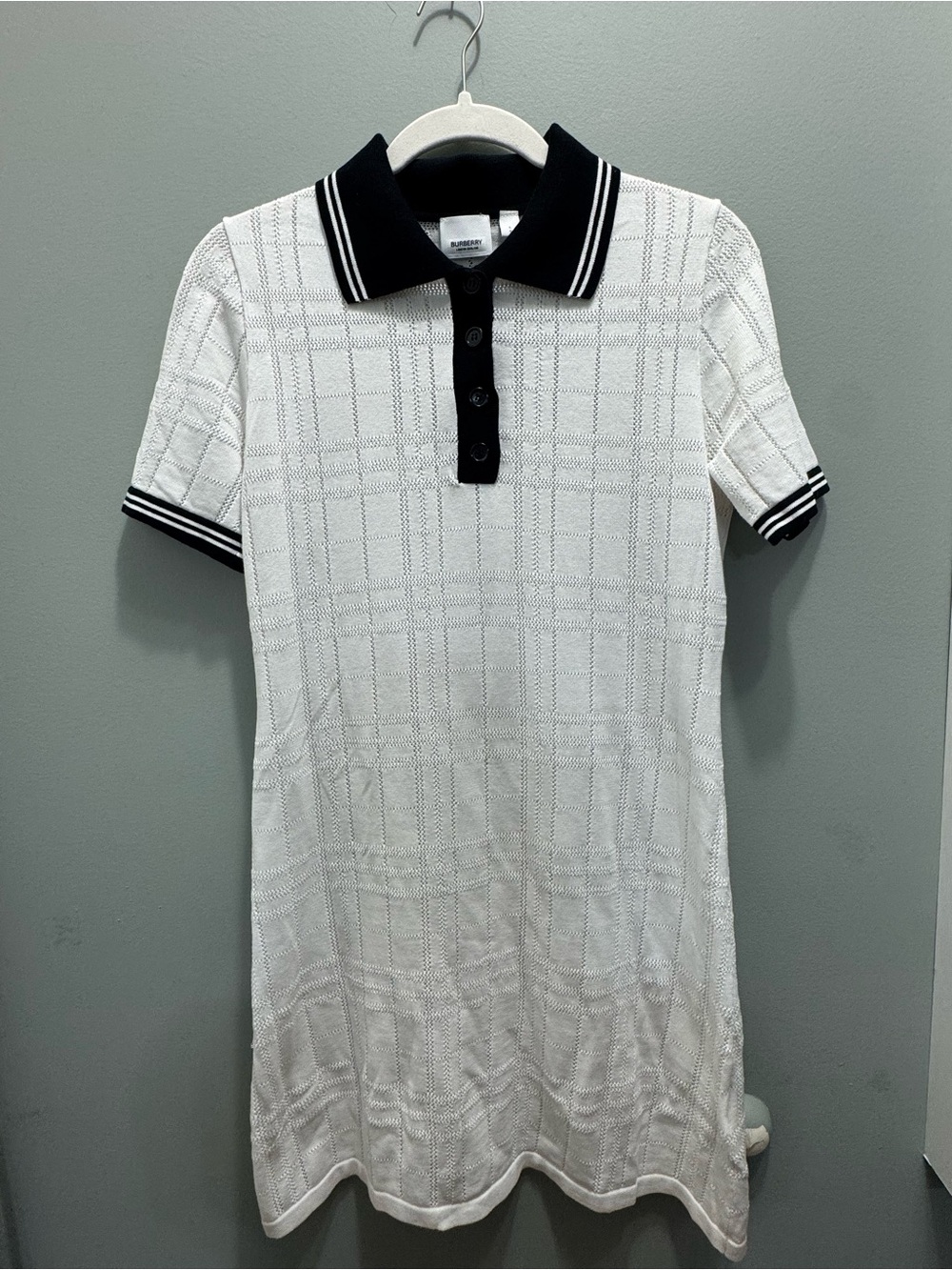 Burberry White Polo Knit Mini Dress with Black Collar